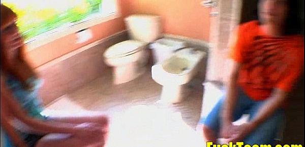  Three Teen Pornstars Seducing and Sucking 2 Guys in the Bathroom - FuckTeem.com